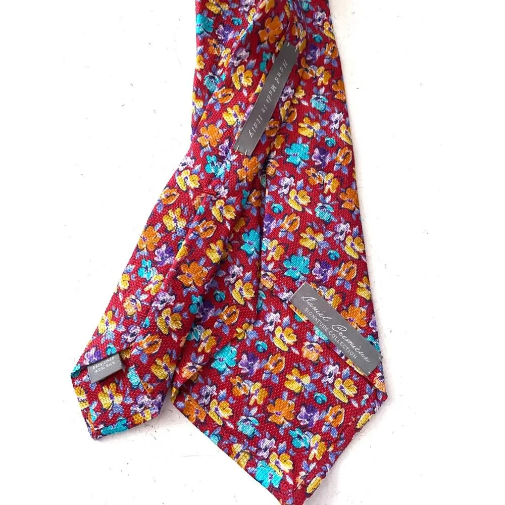 Daniel Cremieux Nwt Red Floral Linen Silk Seven 7 Fold Hand Made Italy Neck Tie